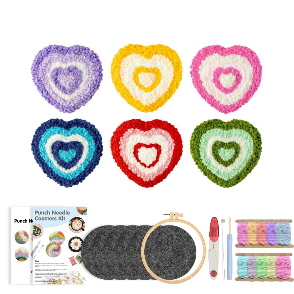 RUOPOTY 6pcs Punch Needle Coaster Kit Adults Crafts Colorful Heart Punch Needle Art Projects For Adults Landscape Beginner Punch
