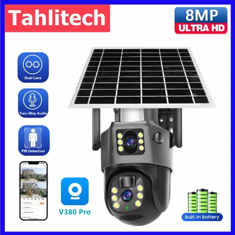 Telecamera CCTV solare wireless 4G con scheda SIM V380 Pro 4K 8MP, telecamera CCTV solare WIFI da esterno con batteria integrata a 360°, impermeabile.