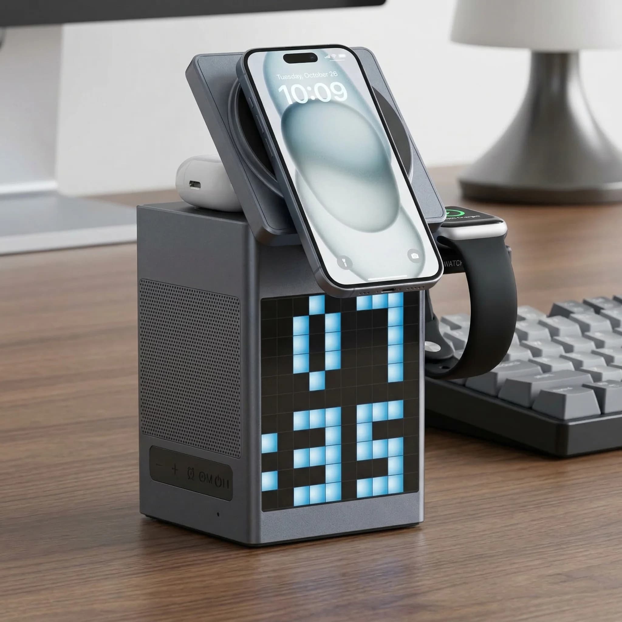 Supporto di ricarica wireless magnetico 6 in 1 con schermo RGB Pixel, sveglia | Stazione di Ricarica Rapida 15W per iPhone 15/14/13/12