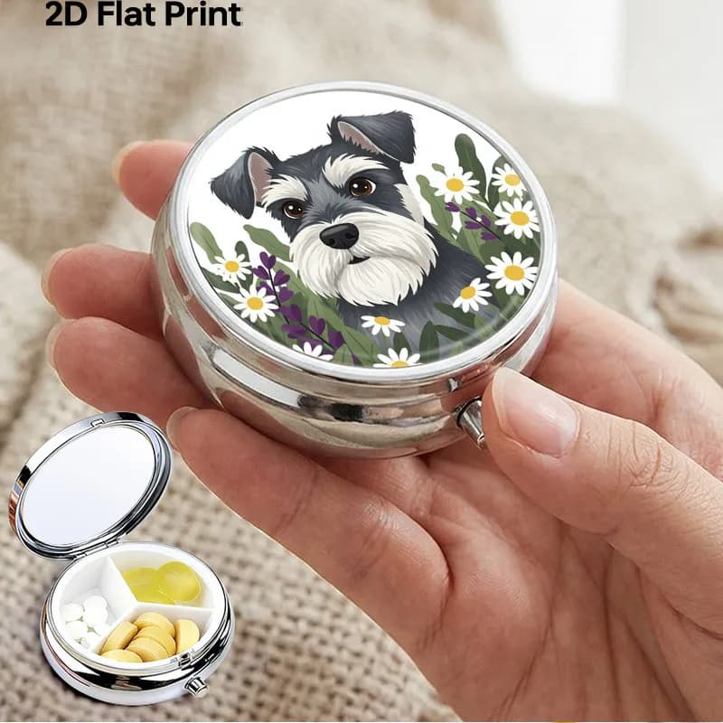 Portable Metal Pill Box, Three-Compartment Design, Cute Mini Schnauzer Daisy Pattern, Travel Pill Box, Small Medicine Case, Pocket Vitamin Organizer, Durable Mini Pill Box, Creative Gift, Suitable for Dog Lovers, Women and Girls, Daily Supplement Container