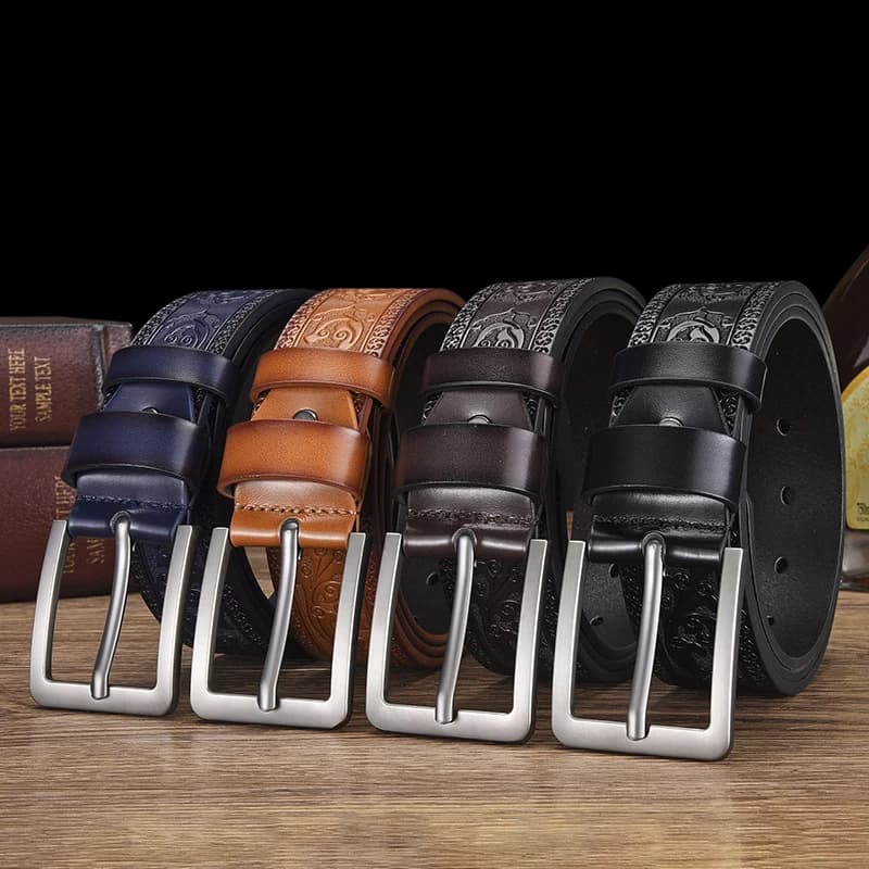 Vintage Printed Men's Belt，1.41inWide pin buckle belt，Durable PU Leather Material，Suitable for jeans、Business and Everyday Scena