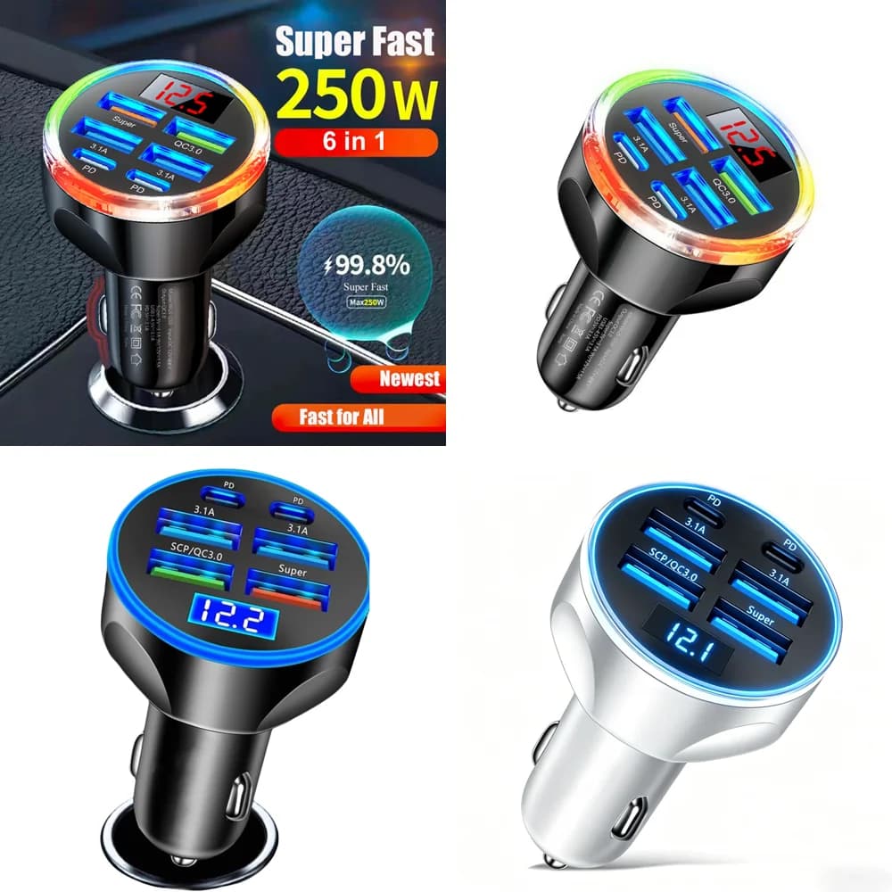 Caricabatterie da Auto USB C Multiporta 6 in 1 Super Veloce con Voltmetro per iPhone Samsung Android Nuovi Prodotti 2026