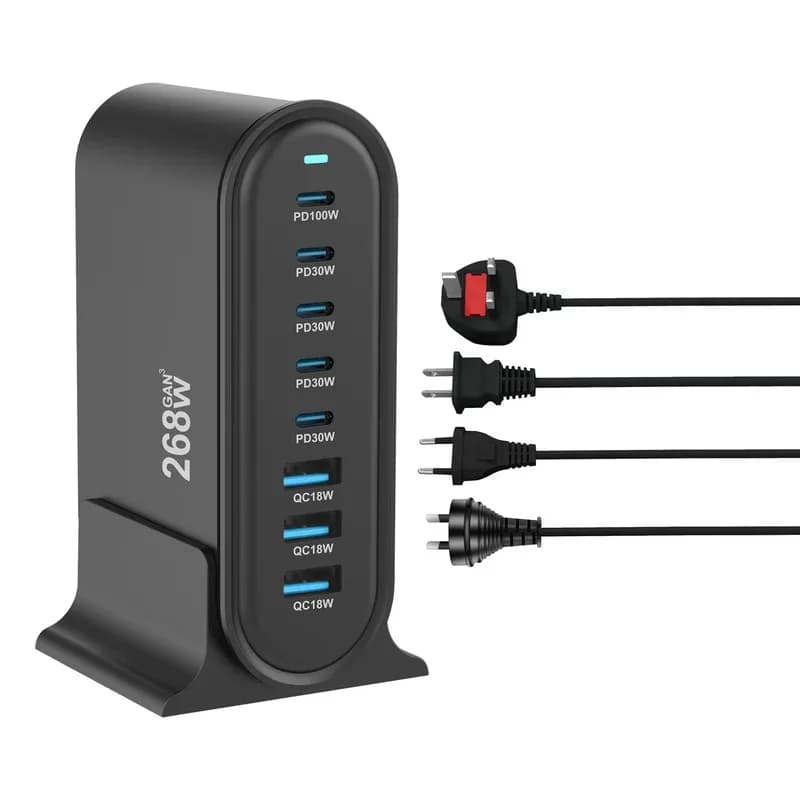 New 268W Multi-Port USB-C Hub with 8 Quick Charging Stations, Compact and Fast GaN Charger with Display