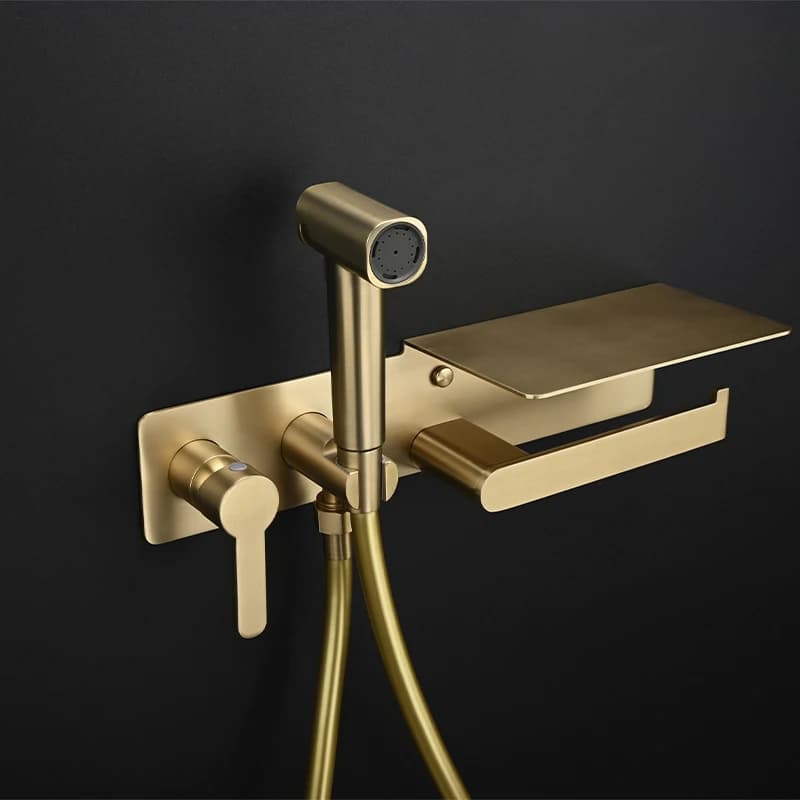 Rubinetti per bidet da bagno in oro spazzolato, spruzzatore per doccia per bidet da bagno portatile caldo e freddo a parete con supporto per carta igienica