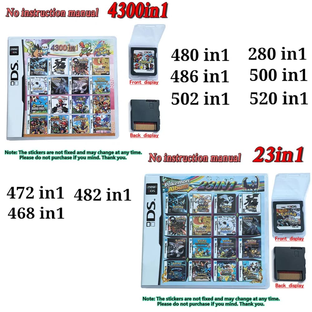 23in1 Compilation DS NDS 3DS 3DS Pokemon Game Cartridge Card Video Game Handheld Player (R4 card)4300 in1 /208in1/482/486
