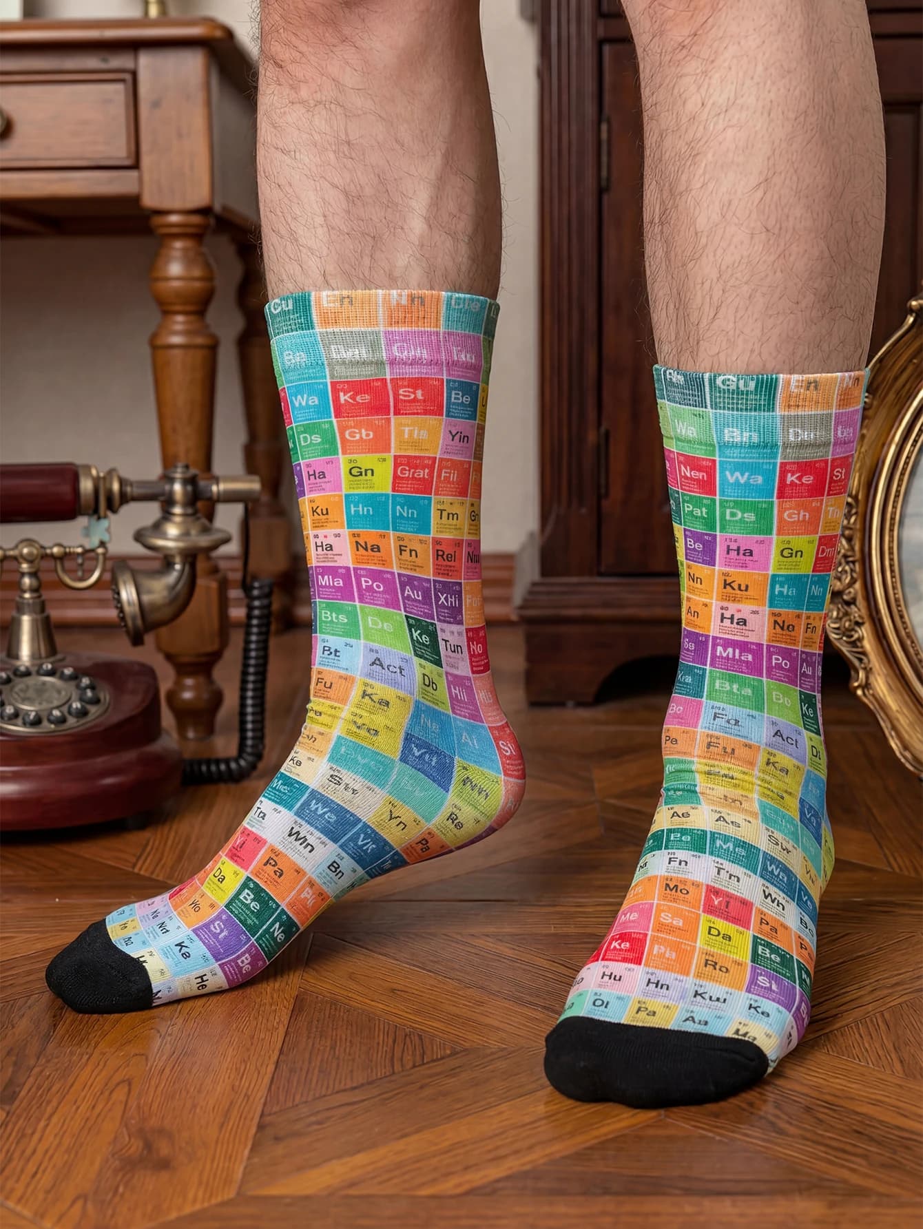 1 Pair of Creative Periodic Table Style Mid-Calf Socks, Men's Mid-Calf Socks, Novel and Interesting, Trendy Summer Wear