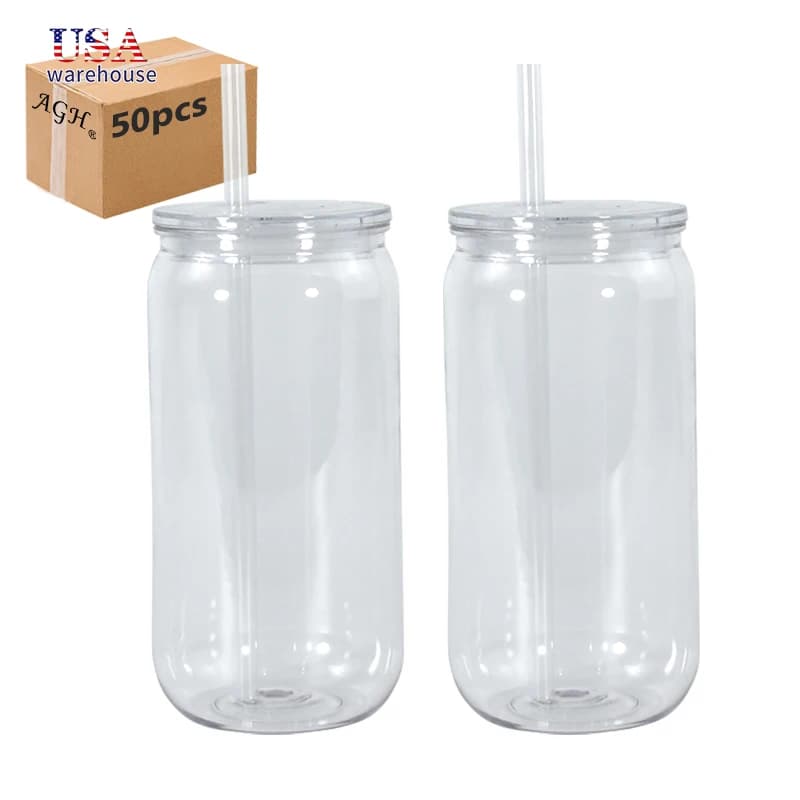 Bicchiere in barattolo di birra trasparente in plastica acrilica da 50 pezzi da 16 once con coperchio per vinile UV DTF Hu