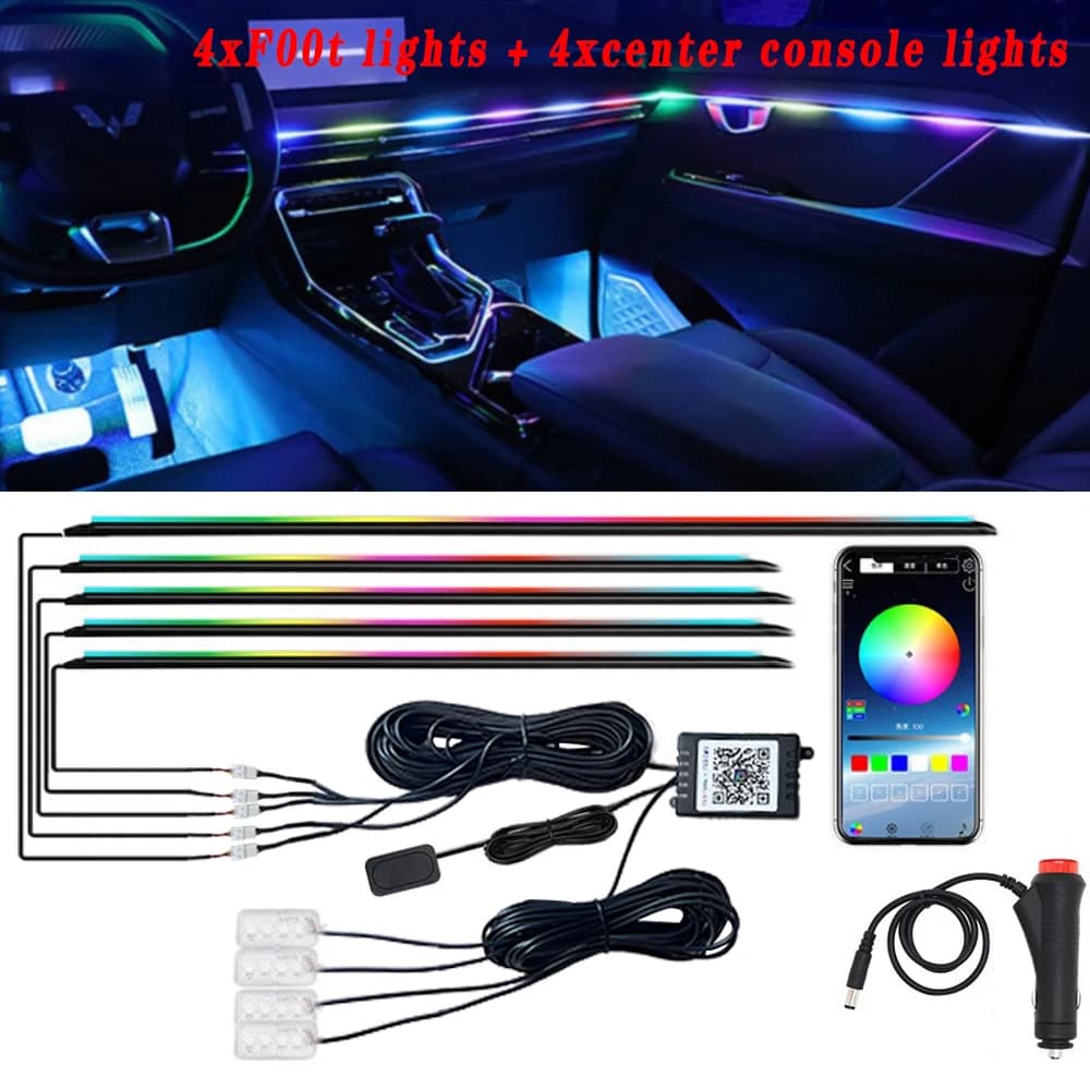 Car 9(6) interior atmosphere lights in 1 RGB Hidden acrylic Strip Symphony Atmosphere Lamps with APP DC12V/USB 5V control.