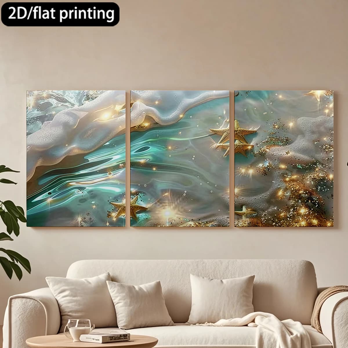 Set of 3 Decorative Paintings on Canvas with Wooden Frame: Marine Waves, Golden Marine Stars, Dream Ocean. Decoration for Corridor and Living Room