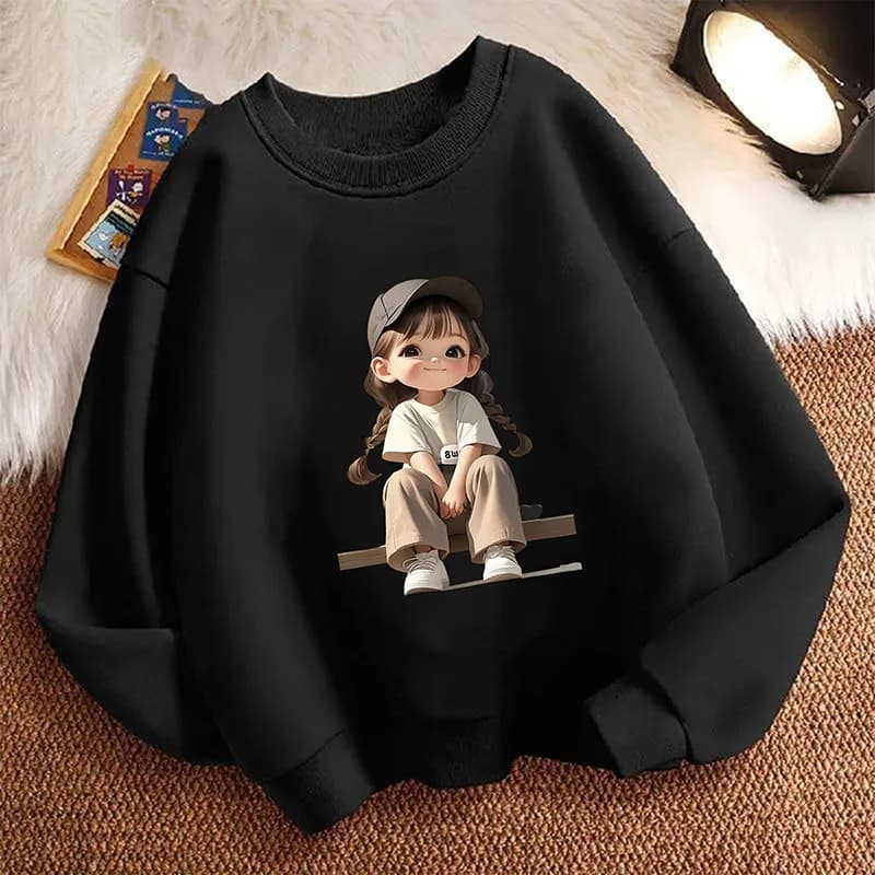 Streetwear Girl Cartoon Design Children's Sweatshirt Pullover Spring Crew Neck Graphic Print Hoodie Girl Kids Hoody