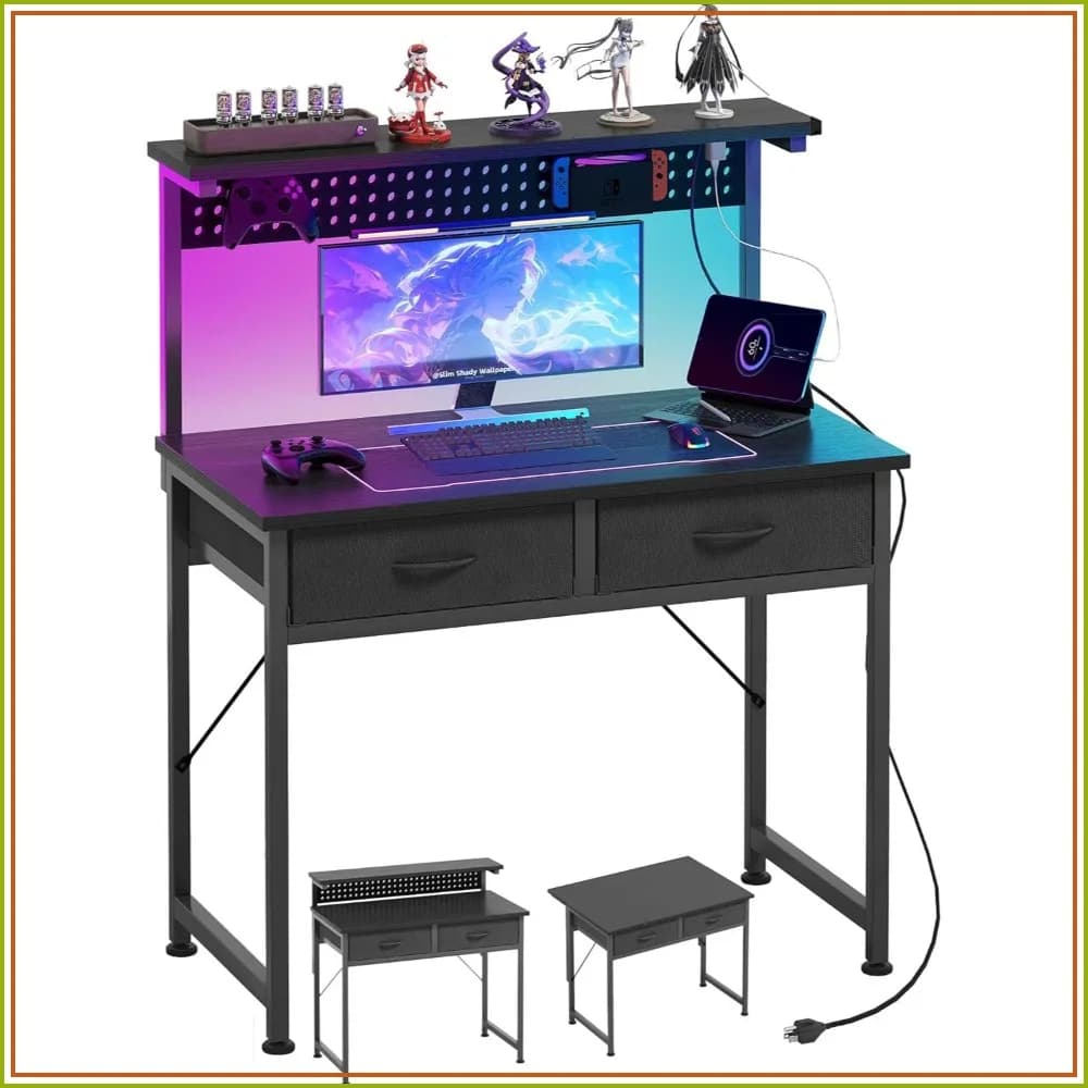 Small Desk with Drawers, 31 Inch Computer Desk with Power Outlet & LED Light, Gaming Desk with Adjustable Monitor Stand & Pegboard, Modern PC Study Writing Table for Bedroom