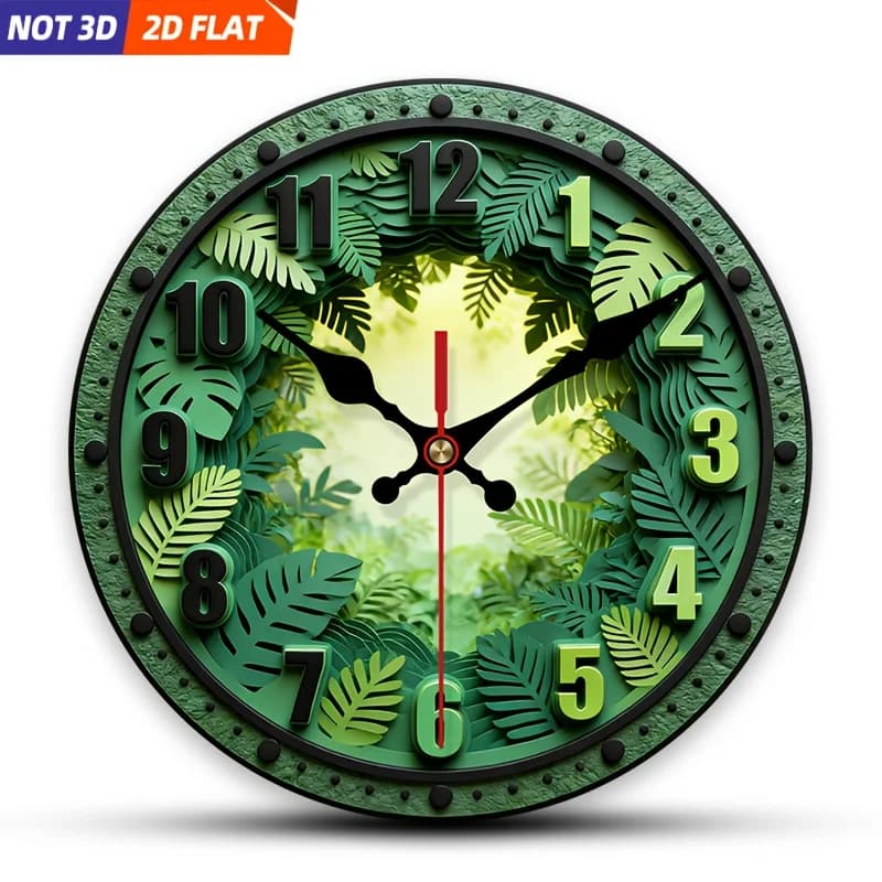 2D Piatto. 1 pezzo. Orologio da parete a tema piante tropicali, orologio decorativo silenzioso, orologio da parete creativo, adatto per camere da letto, soggiorno