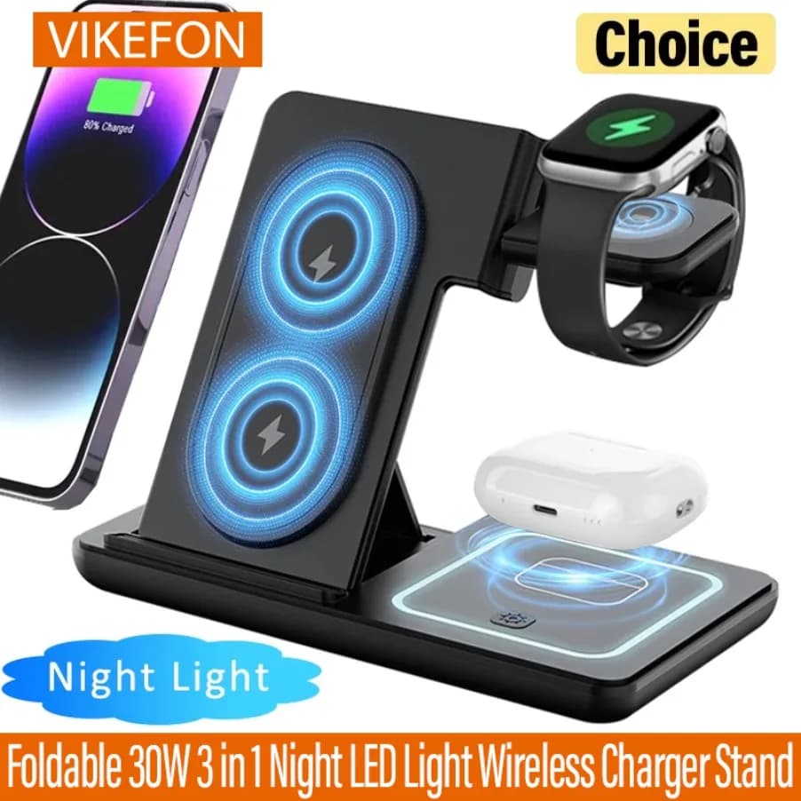 Foldable Wireless Charger Support with LED Night Light 3 in 1 for iPhone Samsung Apple Watch 2-8 SE Airpods Pro Fast charging station