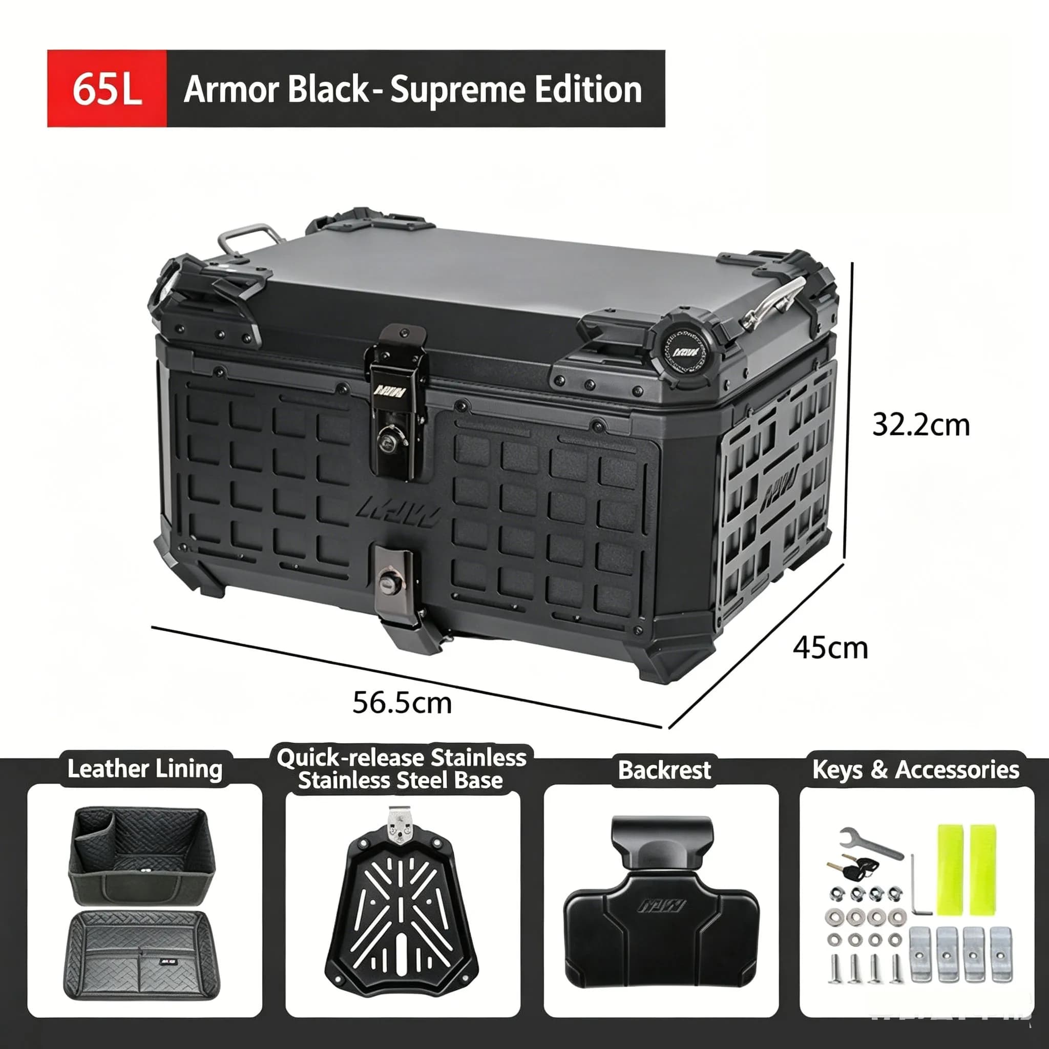 65L Motorcycle Rear Top Box Motorbike Tail Trunk Quad Lock Accesorios Moto Large Capacity Storage Case for Motorbike Camping