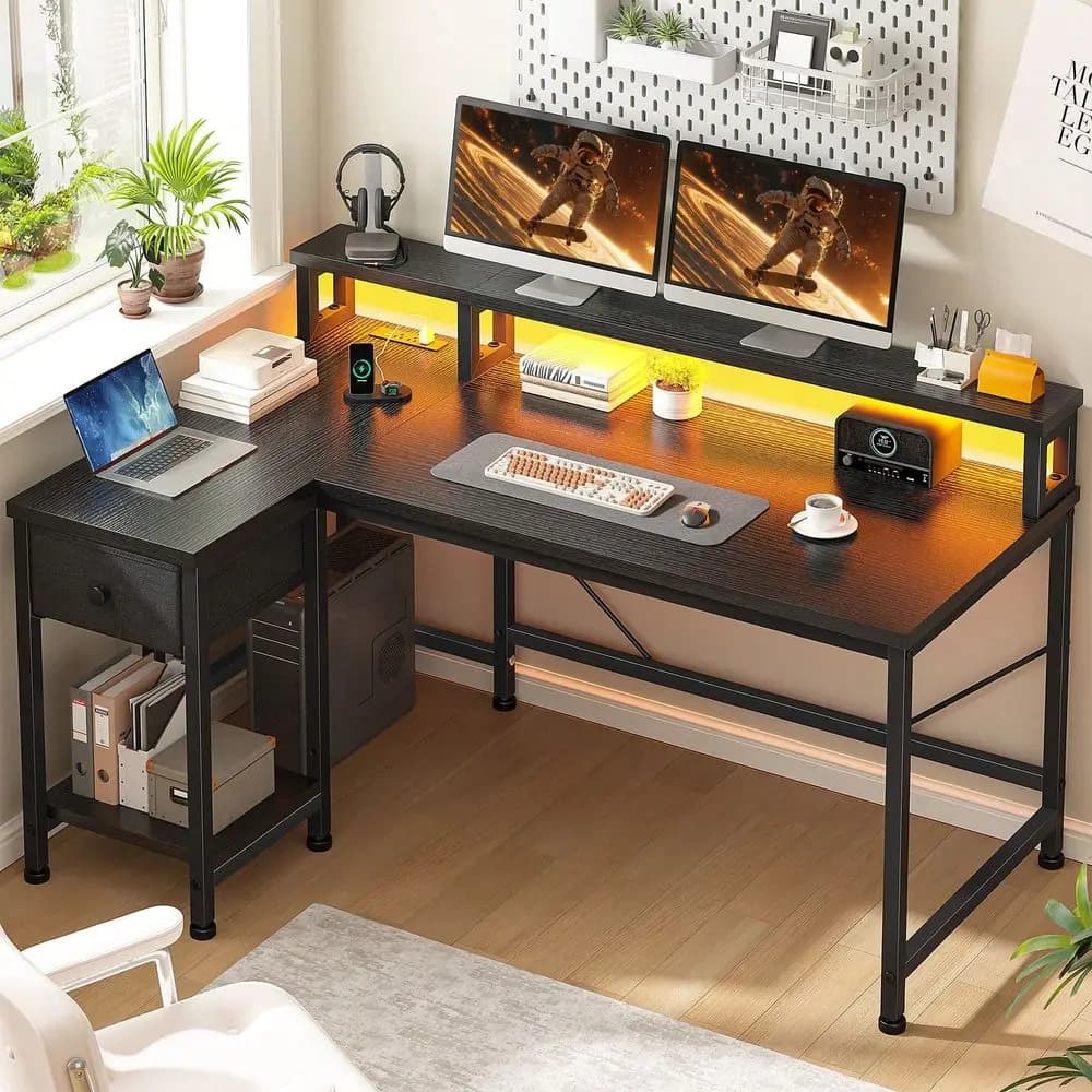Black L Shaped Gaming Desk With Power Outlet,Computer Desk With LED Lights Drawer,Home Office Desk With Ergonomic Monitor Stand