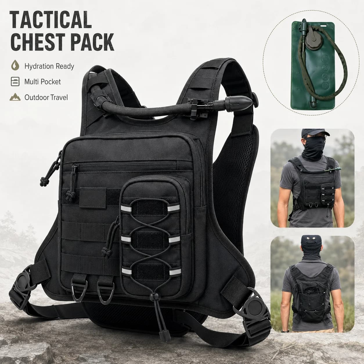 Tactical Chest Bag Outdoor Hiking Backpack Men's Multi Pocket Vest Pack with Hydration Tube for Camping Cycling Climbing Gear