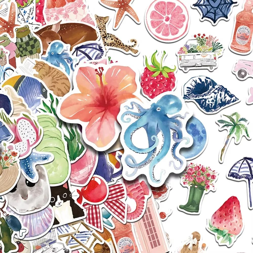 50Pcs Cute Pink Watercolor Stickers Diary DIY Stickers Scrapbooking Phone Luggage Skateboard Waterproof Decals