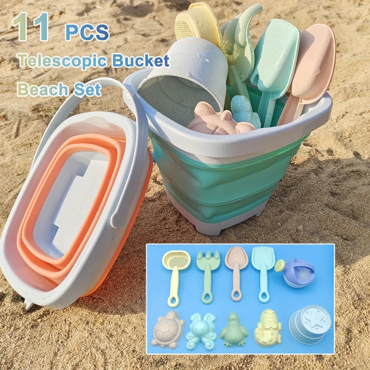 Giocattoli da spiaggia per bambini Set di giocattoli con sabbia per i più piccoli Giocattoli con sabbiera con secchio pieghevole Pala Set di rastrelli Stampi per sabbia Estate all'aperto