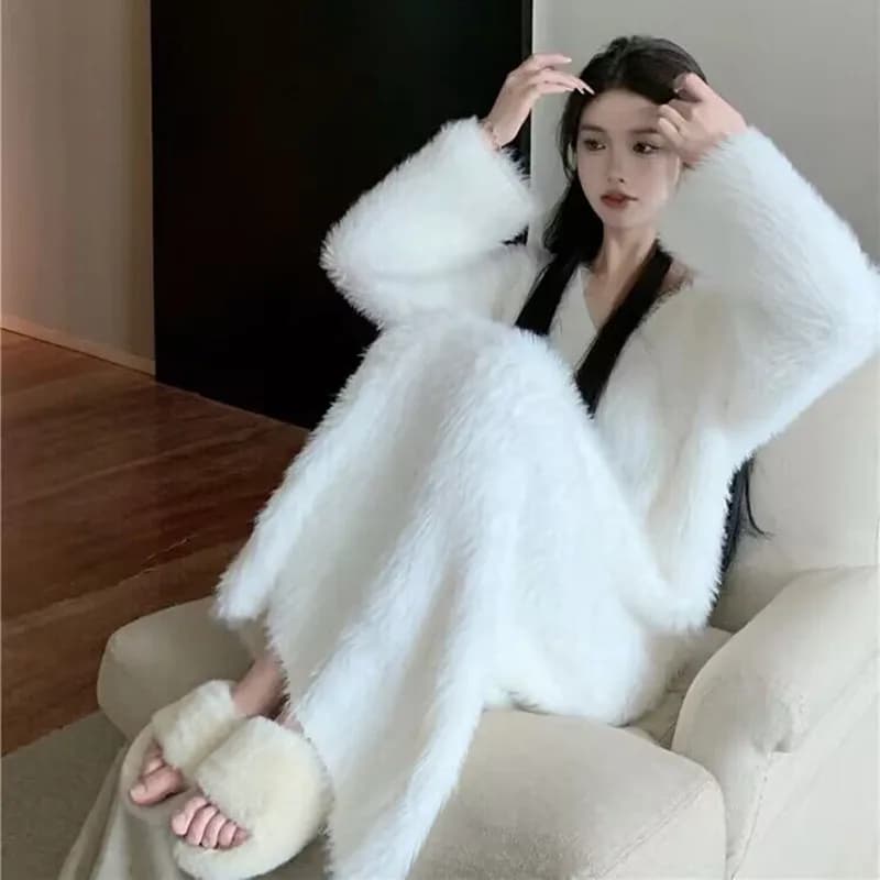 Nuovo Abito in Maglia da Donna Imitazione Visone 2026 Autunno Inverno, Maglione Caldo Spesso a Maniche Lunghe con Scollo a V, Stile Coreano per Casa e Esterno, Vestito Lungo