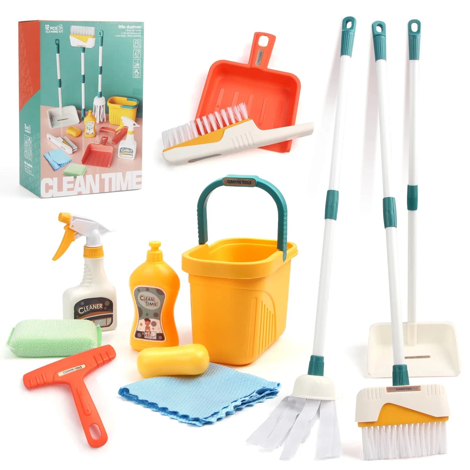 12 pz/set Set di Pulizia per Bambini Kit di Forniture per Lavori Domestici con Paletta Scopa Secchio Mop Set di Pulizia Gioca a Casa Giocattoli per Ragazzi e Ragazze