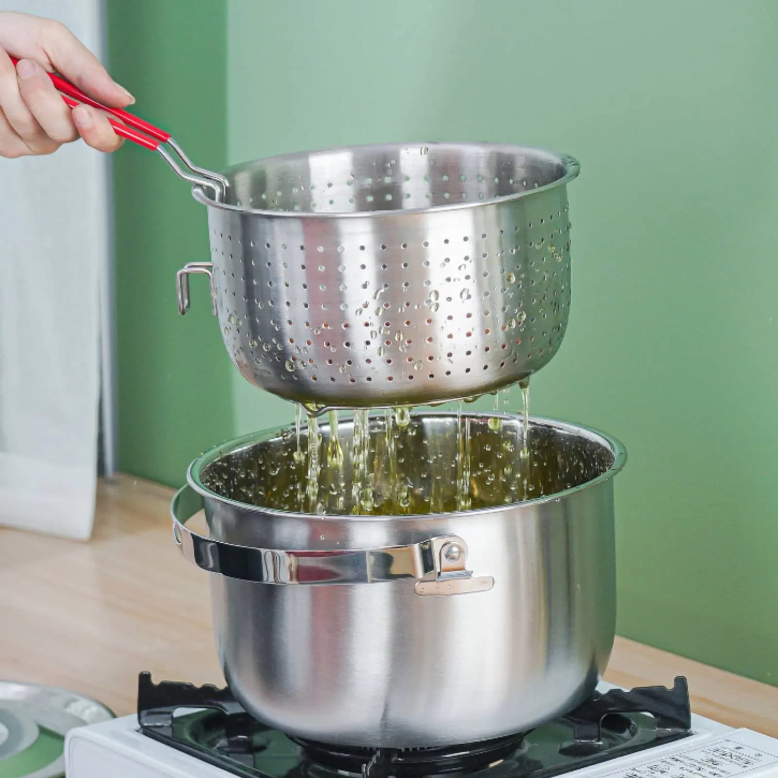 Pentola per Frittura in Acciaio Inox con Isolamento Termico e Cestello Scolapasta, Set Friggitrice Multifunzionale per Campeggio