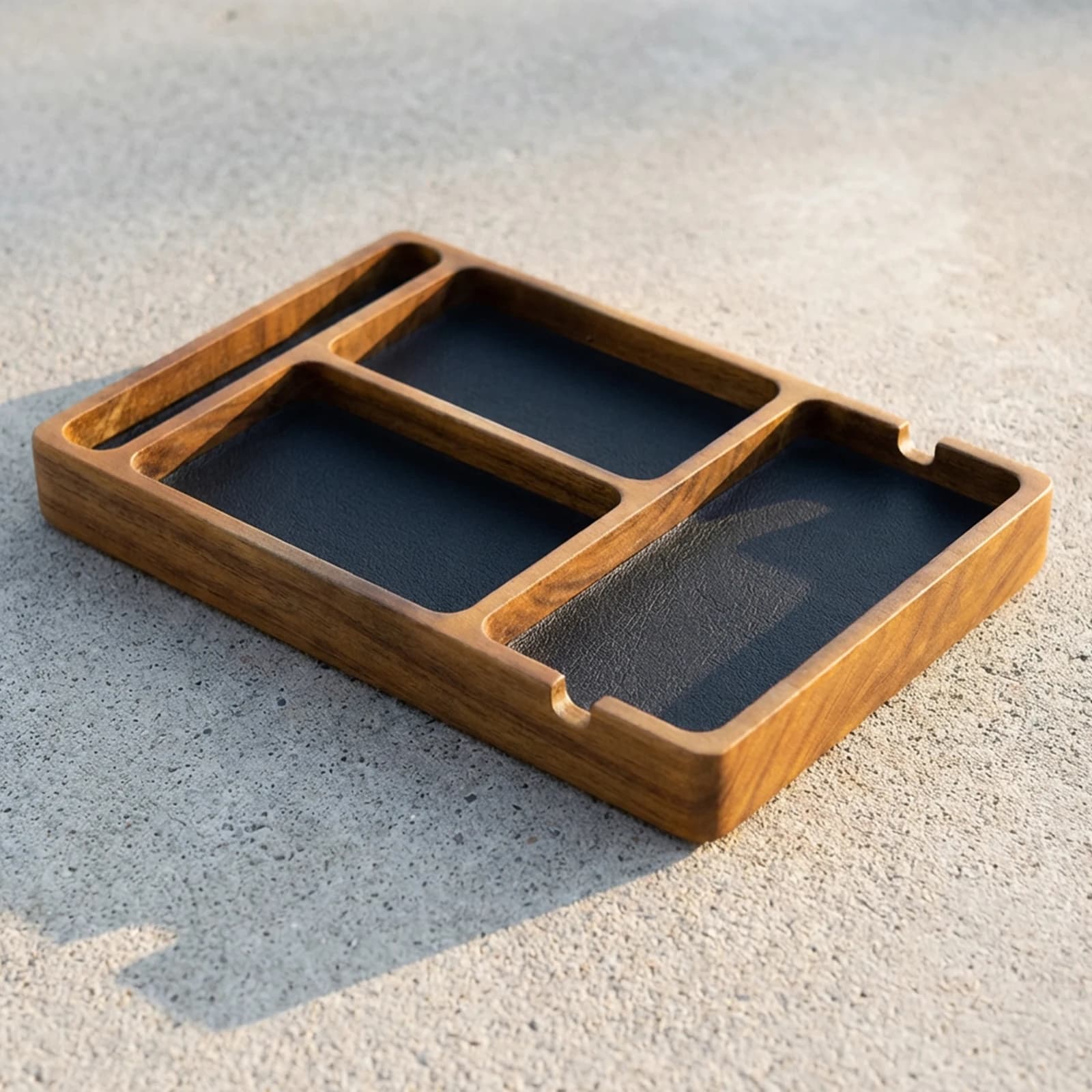 Wooden tray for men and women with leather insert, bedside organizer to store phone, watch, wallet, keys and jewelry
