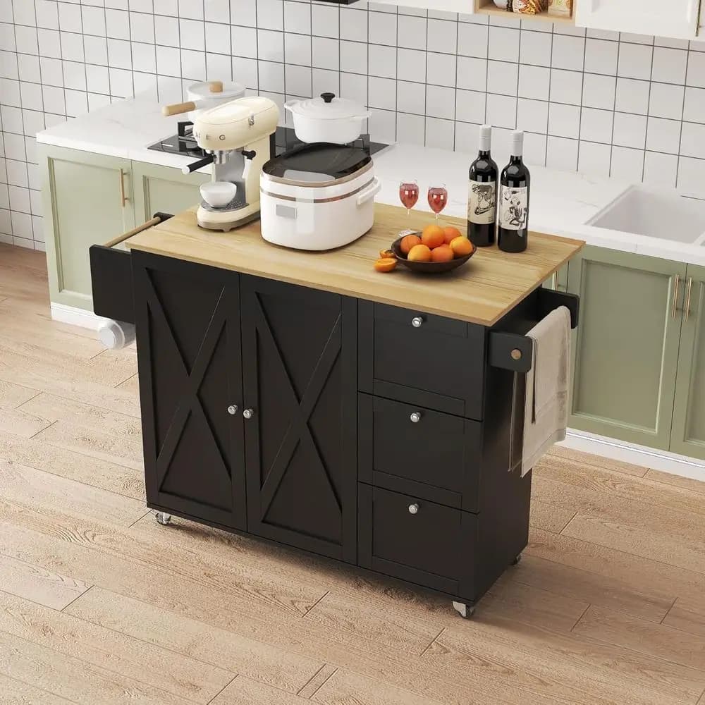 Isola da Cucina Nera con Ruote e Spazio di Archiviazione, Carrello Bar con Ripiano Ribaltabile, Porta Spezie, Porta Asciugamani e Ripiani Regolabili
