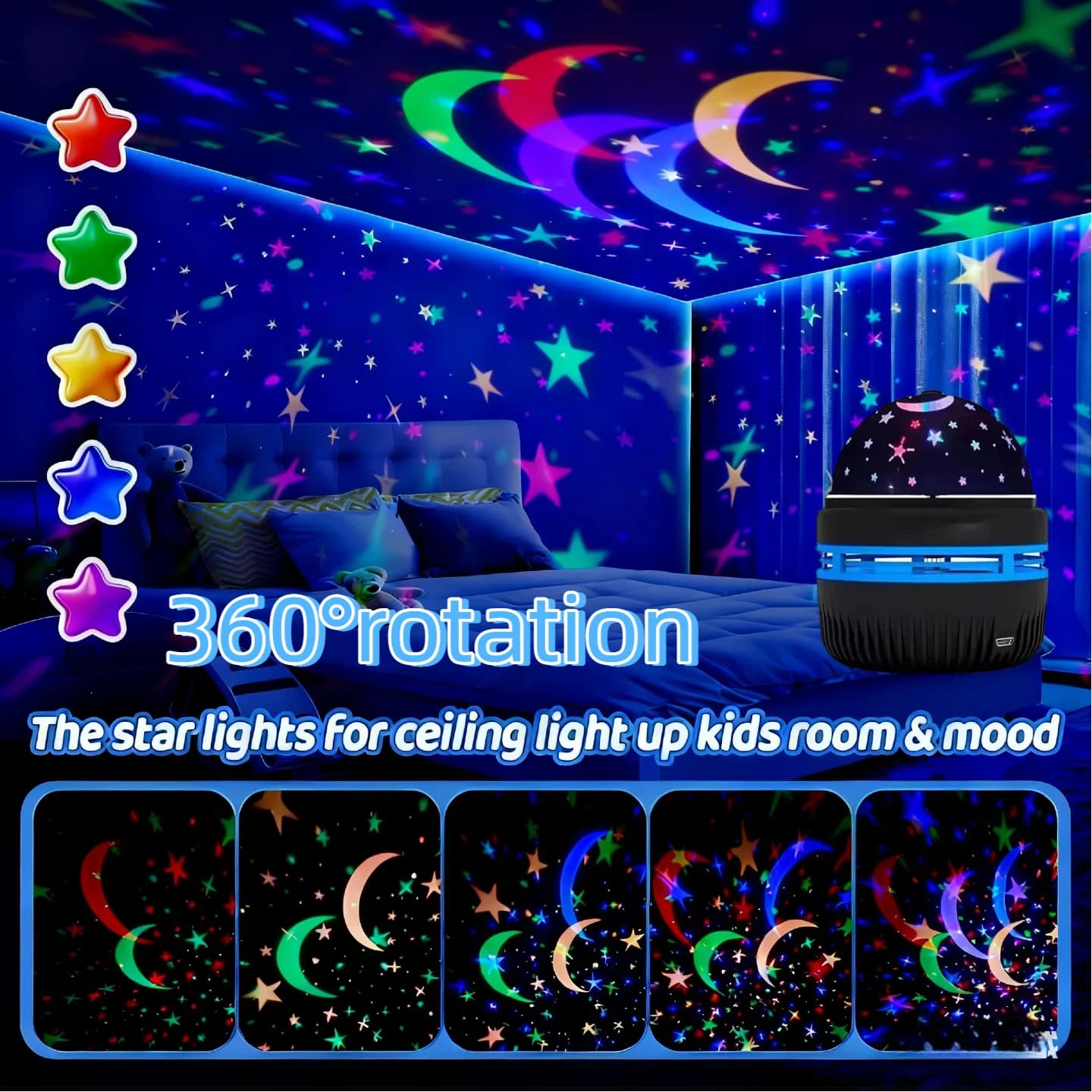 Proiettore LED Cielo Stellato USB 360 ° Palla magica rotante con stella lunare che cambia colore per la camera da letto dei bambini, Natale, San Valentino