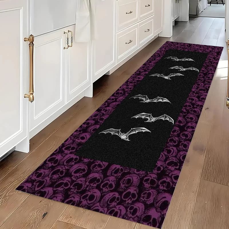 Tappeto Gotico con Teschio e Pipistrello, Antiscivolo e Lavabile, per Corridoio, Cucina, Ingresso, Stile Dark ed Audace