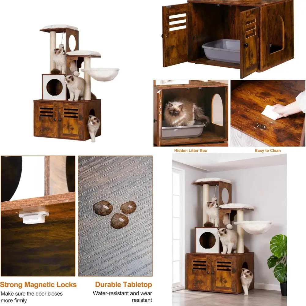 Mobili per gatti da interno tutto in uno con grande piattaforma, condominio e stazione alimentare - Torre per gatti in stile moderno in marrone rustico