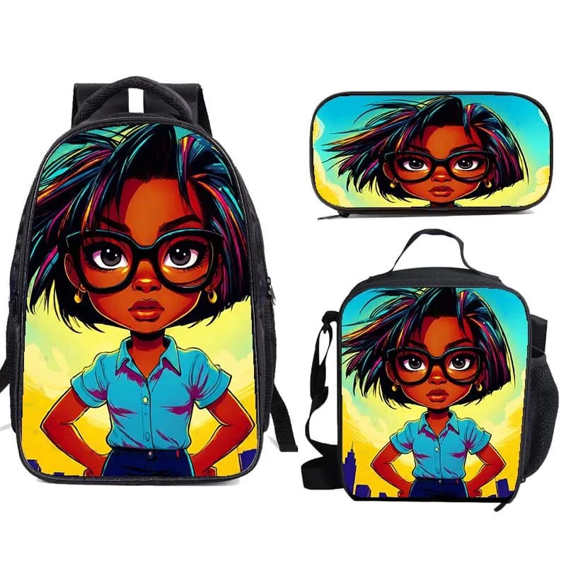 Hip Hop Popolare Divertente ragazza africana 3D Stampato 3 pezzi / set Borse da scuola per alunni Zaino per laptop Zaino Borsa per il pranzo Astuccio per matite