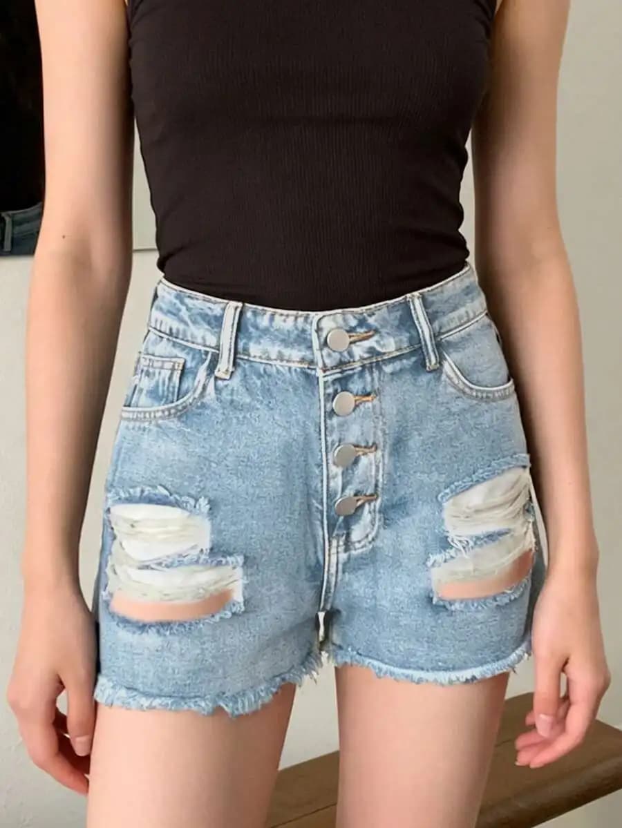 Womens Mid-Rise Distressed Frayed Denim Shorts With Button Front And Functional Pockets