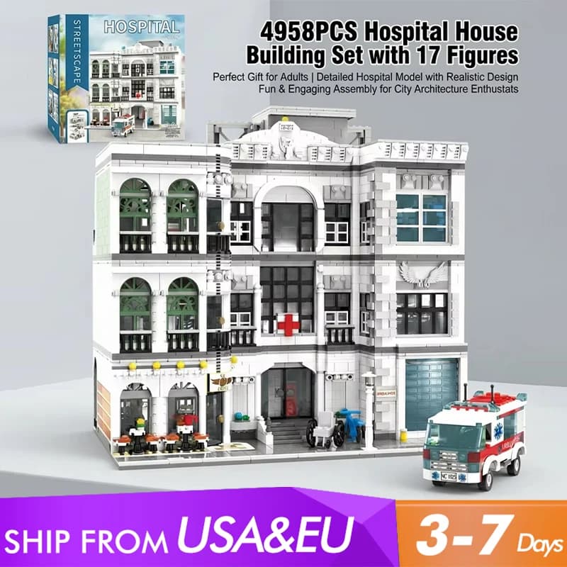 Set di Costruzioni Edifici Ospedalieri da 4958 Pezzi con 17 Personaggi, Kit Modellino Modulare di Architettura Urbana, Regalo per Adulti