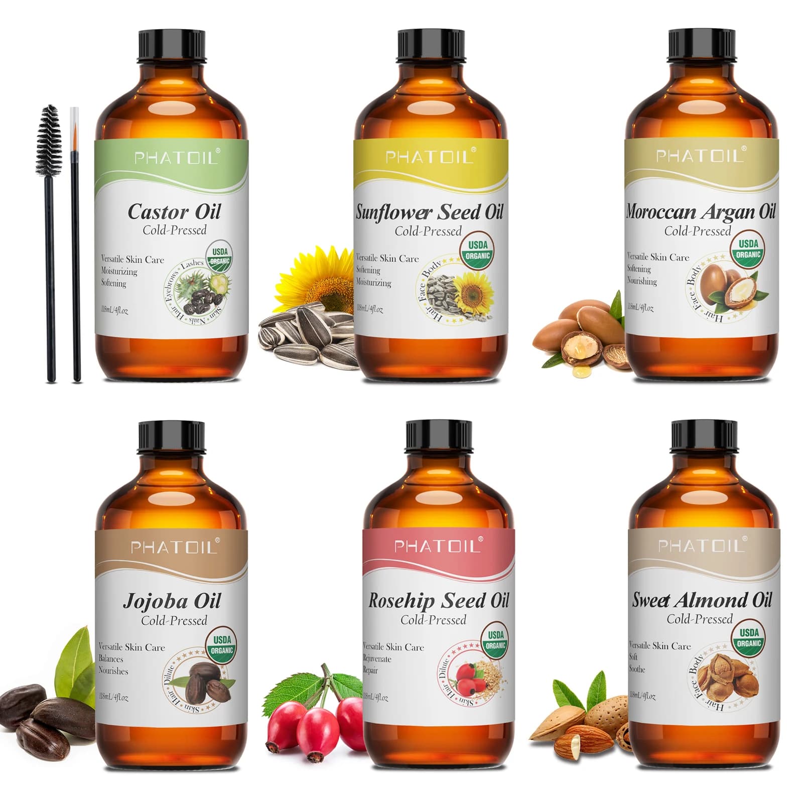 PHATOIL 118ml Olio per il viso biologico Oli portanti USDA pressati a freddo naturali - Olio di ricino, jojoba, olio di argan marocchino, olio di semi di rosa canina