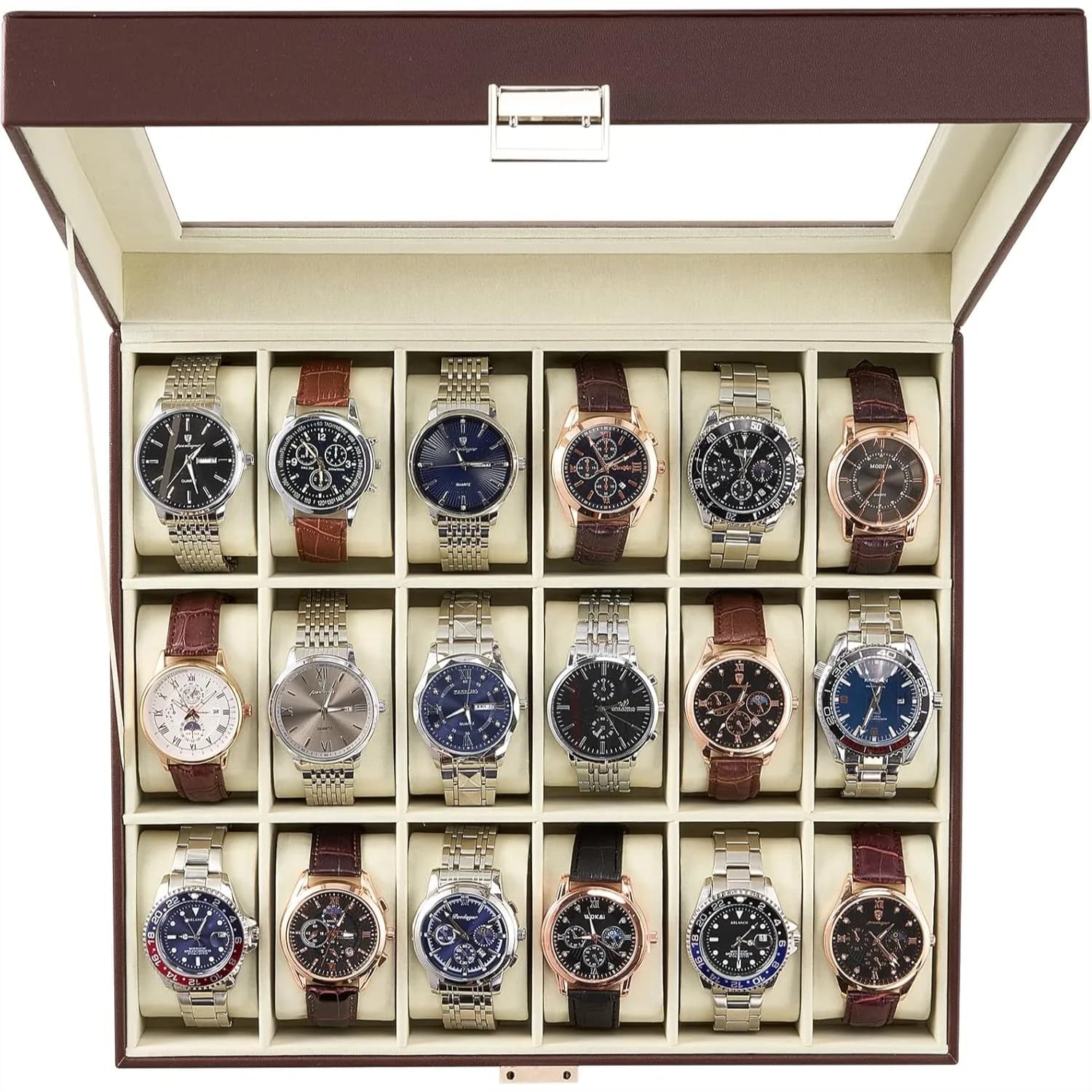 Scatola Portaorologi con 18 Scomparti e Coperchio in Vetro, Custodia in Pelle PU per Orologi da Uomo e Donna, Regalo per Anniversario e Compleanno