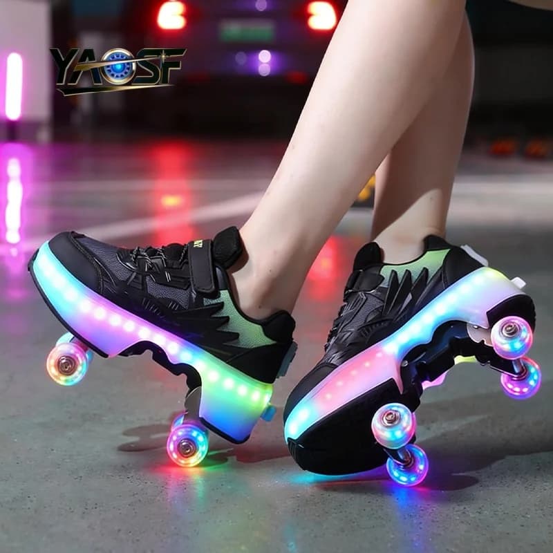 Upgraded version of children's and teenagers' roller skates with illuminated wheels and one click retractable roller skates