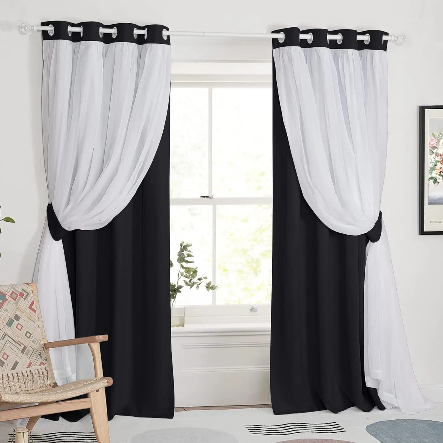Darkening curtains for bedroom - Decorative curtain for double layer window with white veins, 52x84 inch, set of 2 panels
