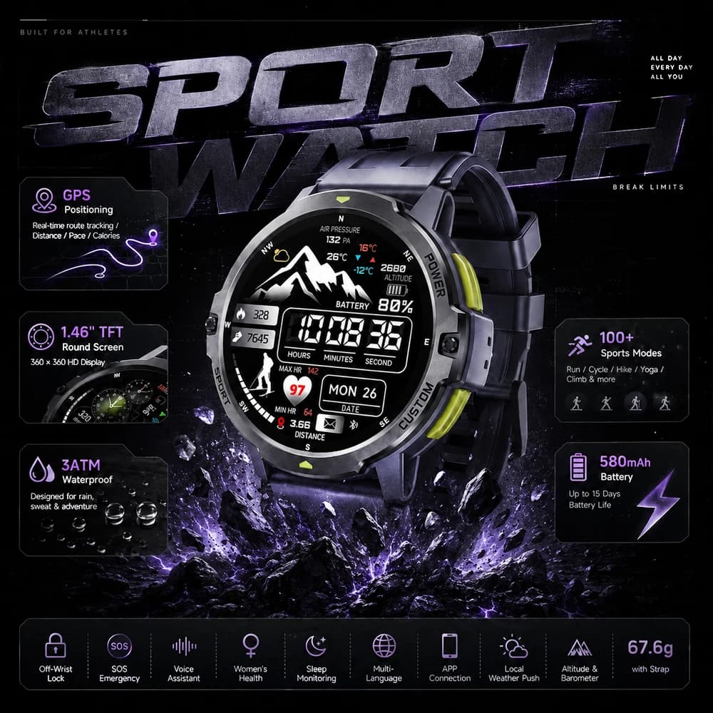 2026 NEW 1.46 Inches Military GPS Smartwatch 3ATM Waterproof 6-Axis Gyroscope Wrist Sports Smart Watches for Man Woman Android