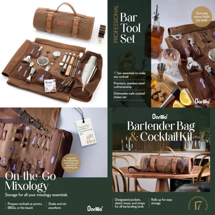 Borsa Kit Barman con Set Shaker per Cocktail - Tela Cerata, Borsa da Viaggio per Attrezzi da Bar con Kit Cocktail da 17 Pezzi - Borsa da Viaggio per Mixology
