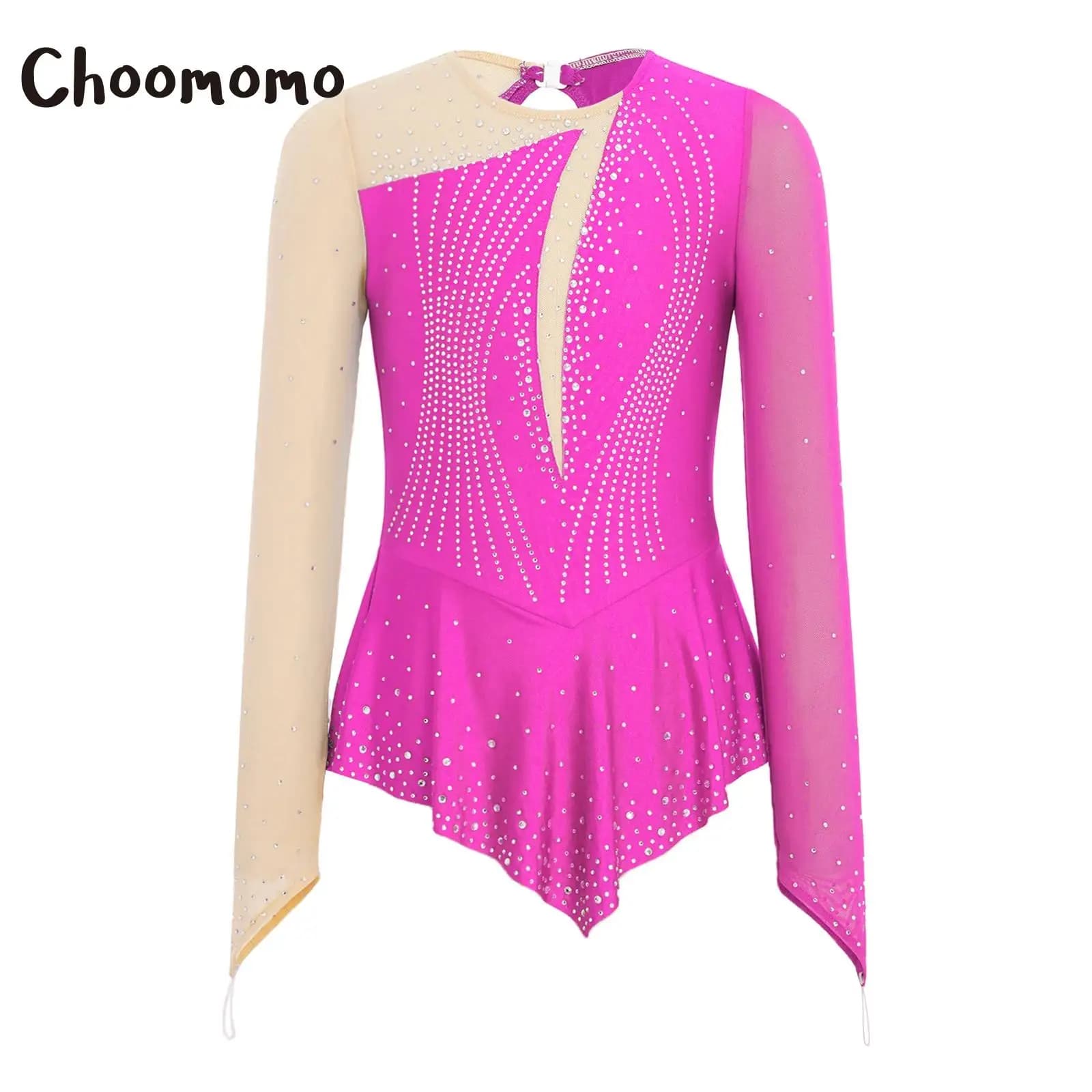 Abito da Pattinaggio Artistico per Bambine, Maniche Lunghe, Schiena con Apertura, Rete Trasparente, Patchwork con Strass, Costume da Balletto