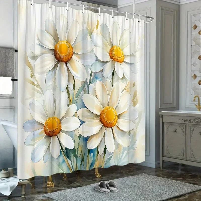 ~O~1pc Tenda da doccia acquerello margherite bianche - poliestere, design floreale alla moda, 70,8x70,8", 12 ganci, lavabile