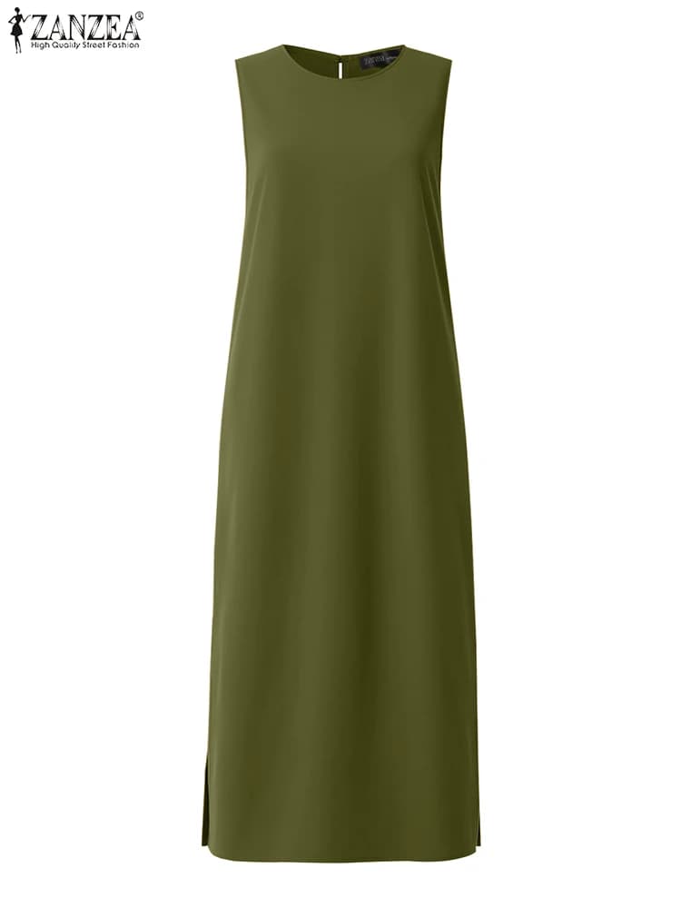 ZANZEA Long Sleeveless Dresses with Side Strap Solid O-Colle 2025 Fashion Summer Long Dresses Female Women Casual Tank Dresses
