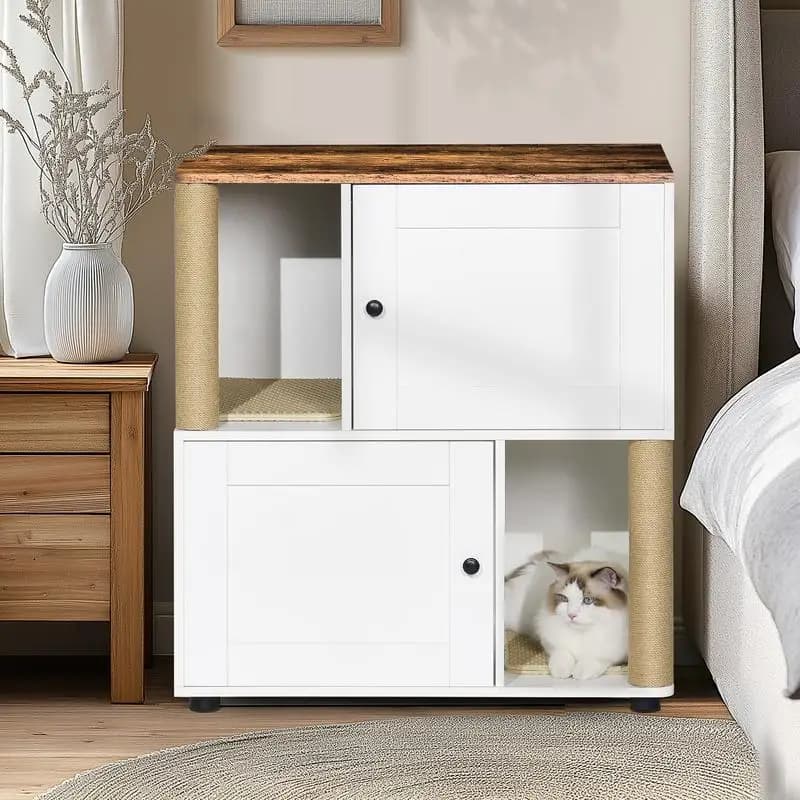 Contenitore per lettiera doppio per gatti per due gatti, armadietto per lettiera con ripiano, adatto alla maggior parte delle lettiere, design bianco vintage