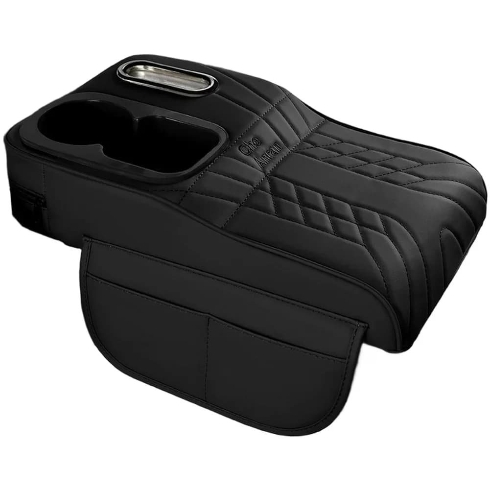 Cuscino per bracciolo in pelle con vano portaoggetti, portabicchieri e porta fazzoletti, accessorio per interni auto per una guida confortevole