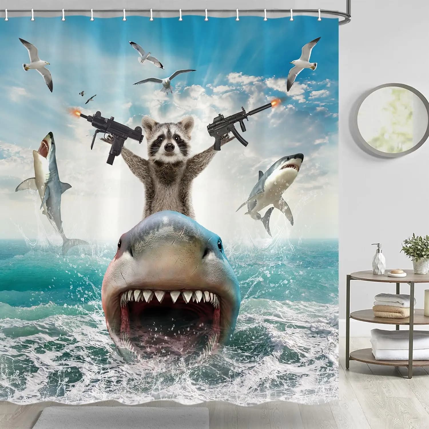 Tenda da doccia con animali divertenti, tenda da doccia con tema squalo che cavalca il procione fresco per il bagno, divertente tenda nautica per bambini