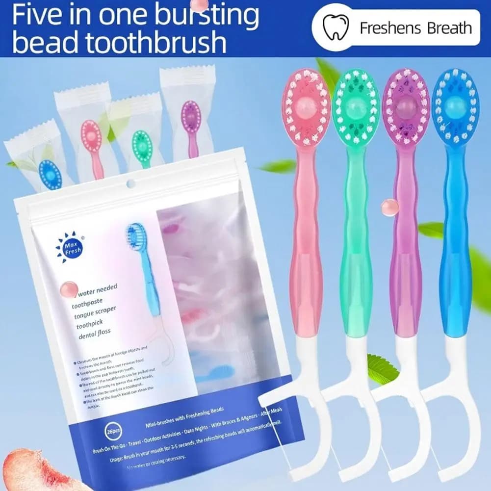 Spazzolino da denti portatile 5 in 1 con filo interdentale 26/20/16/12/1 pezzi per la pulizia orale, spazzolino usa e getta per adulti in viaggio d'affari