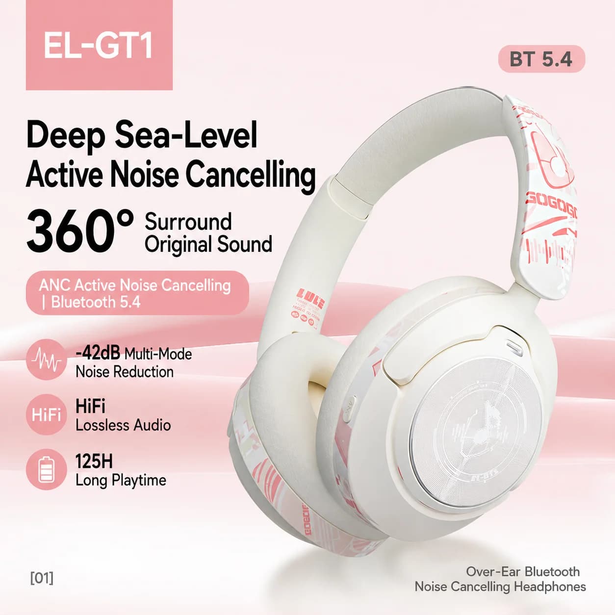 EL-GT1 Over-Ear Wireless Bluetooth Headphones 5.4 Active Noise Cancelling ANC Gaming Low Latency 40mm HiFi Headset Sakura Pink