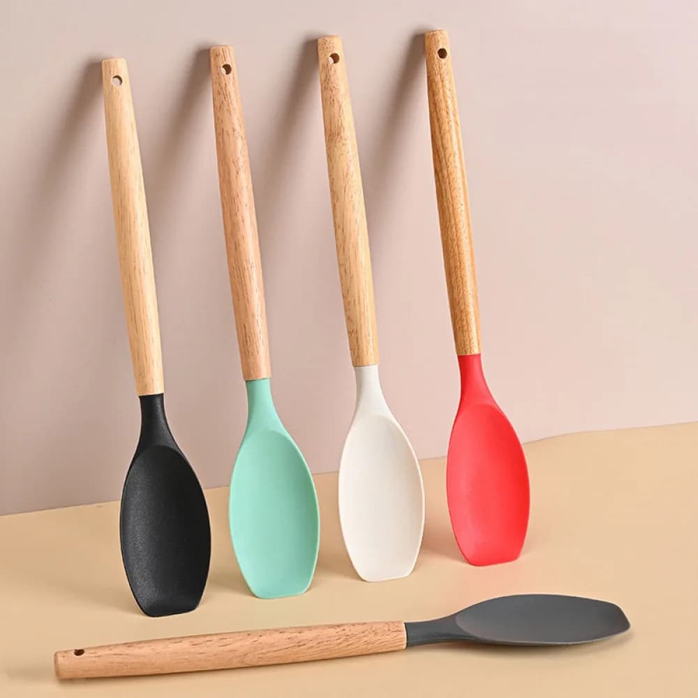 Wooden Handle Silicone Spatula, Food Grade Heat Resistant Silicone Cooking Spoon, Non-Stick Pan Safe Kitchen Utensil for Baking Stirring Frying