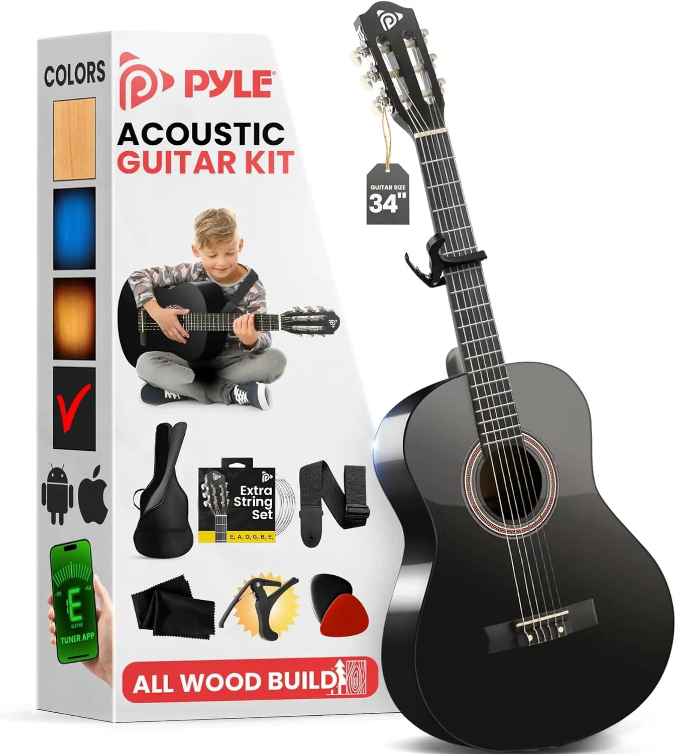 Kit per Chitarra Classica in Legno 34.5'' con Capotasto, Borsa, Corde, Tracolla, Plettri in Finitura Nera Lucida