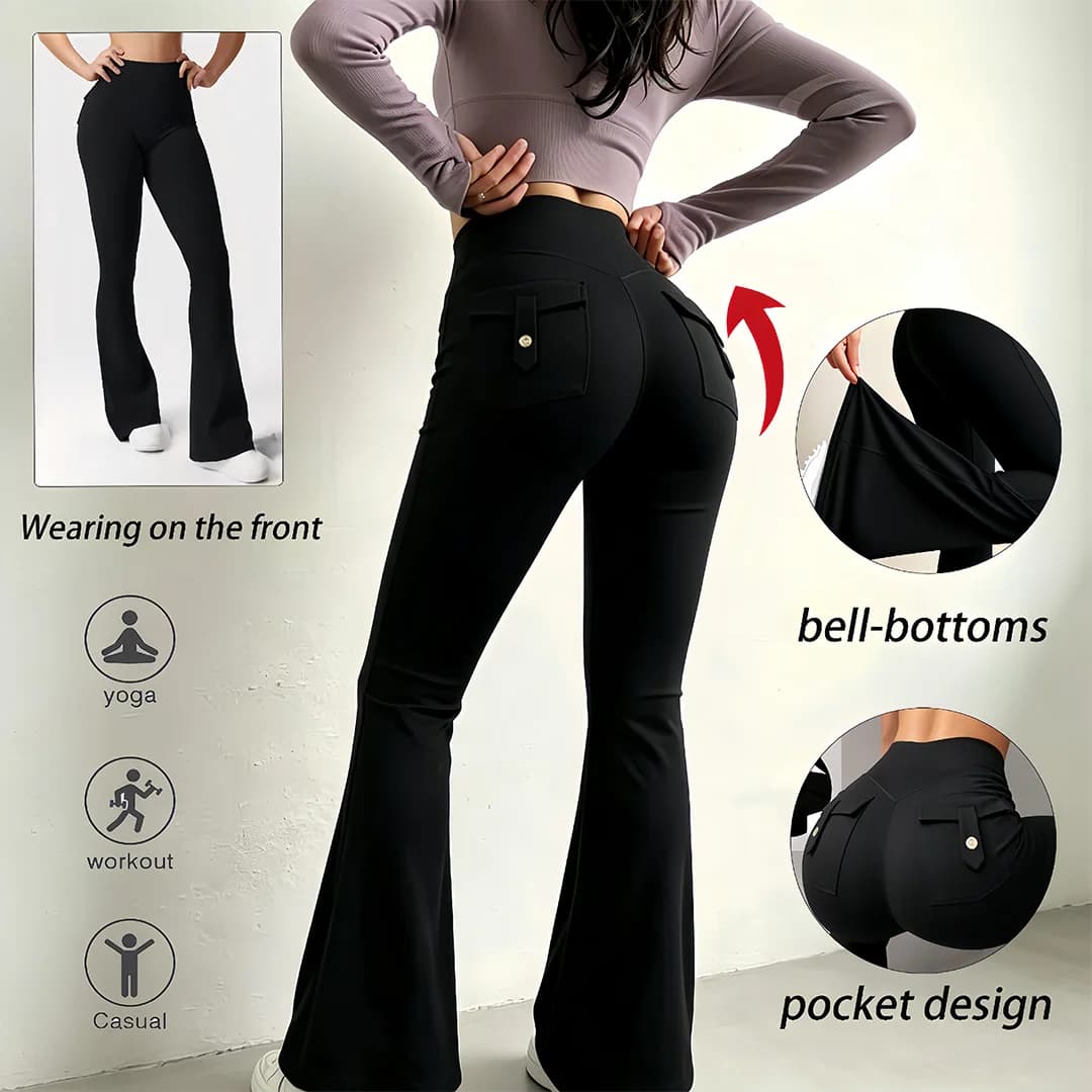 Women's high belt back pocket peach hip bell bottoms, quick-drying and breathable, suitable for gym, dance and training